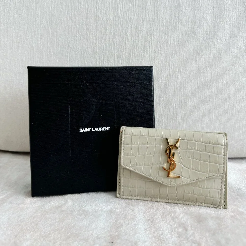 Saint Laurent White Croc Embossed Leather Uptown Card Holder Wallet - Picture 2 of 4
